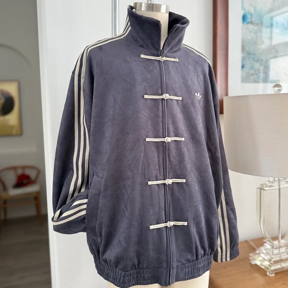 Adidas Originals Faux Suede Kung Fu Track Jacket Grey White HP0426 Mens XL